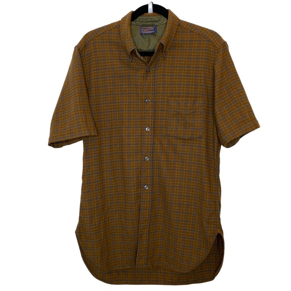 Pendleton 1970s Vintage Plaid Wool Button Up Shirt Large Brown Neutral Check LG